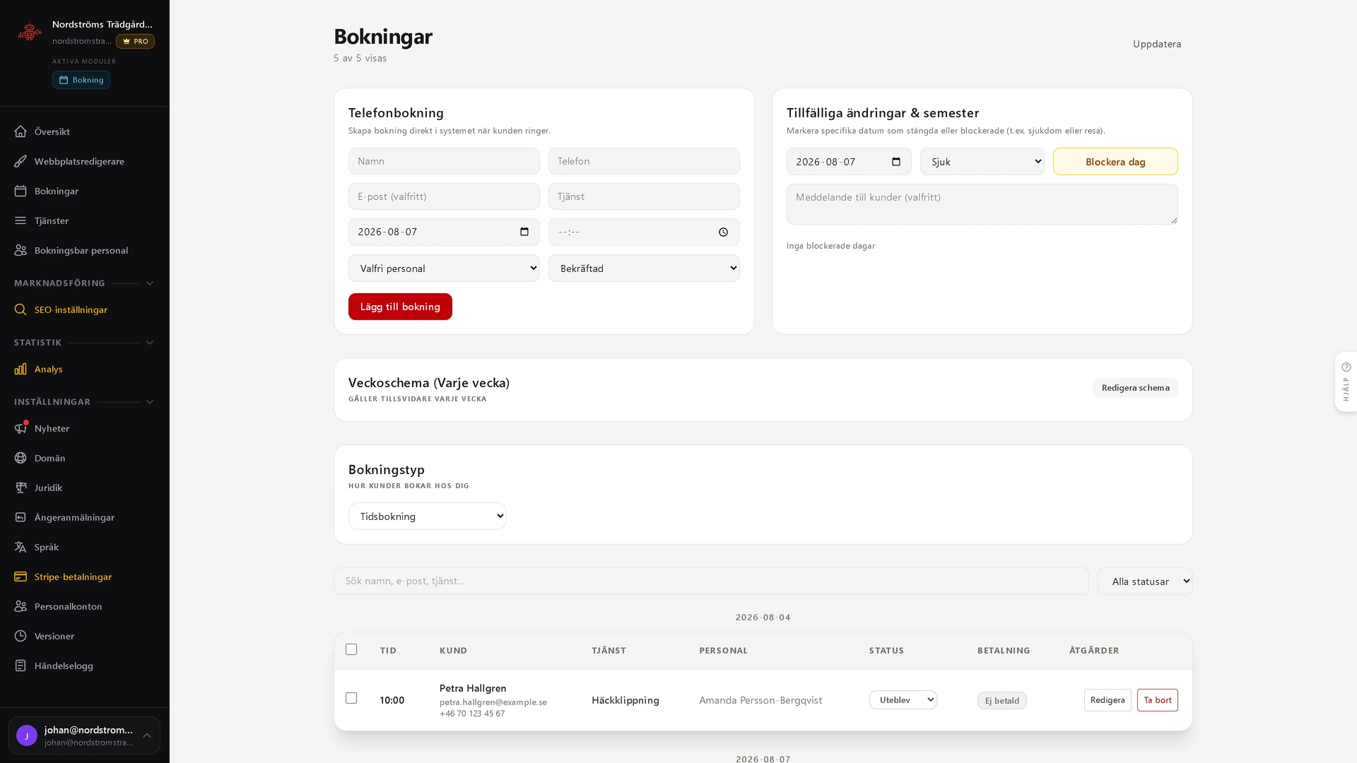 Bokningslistan i adminpanelen