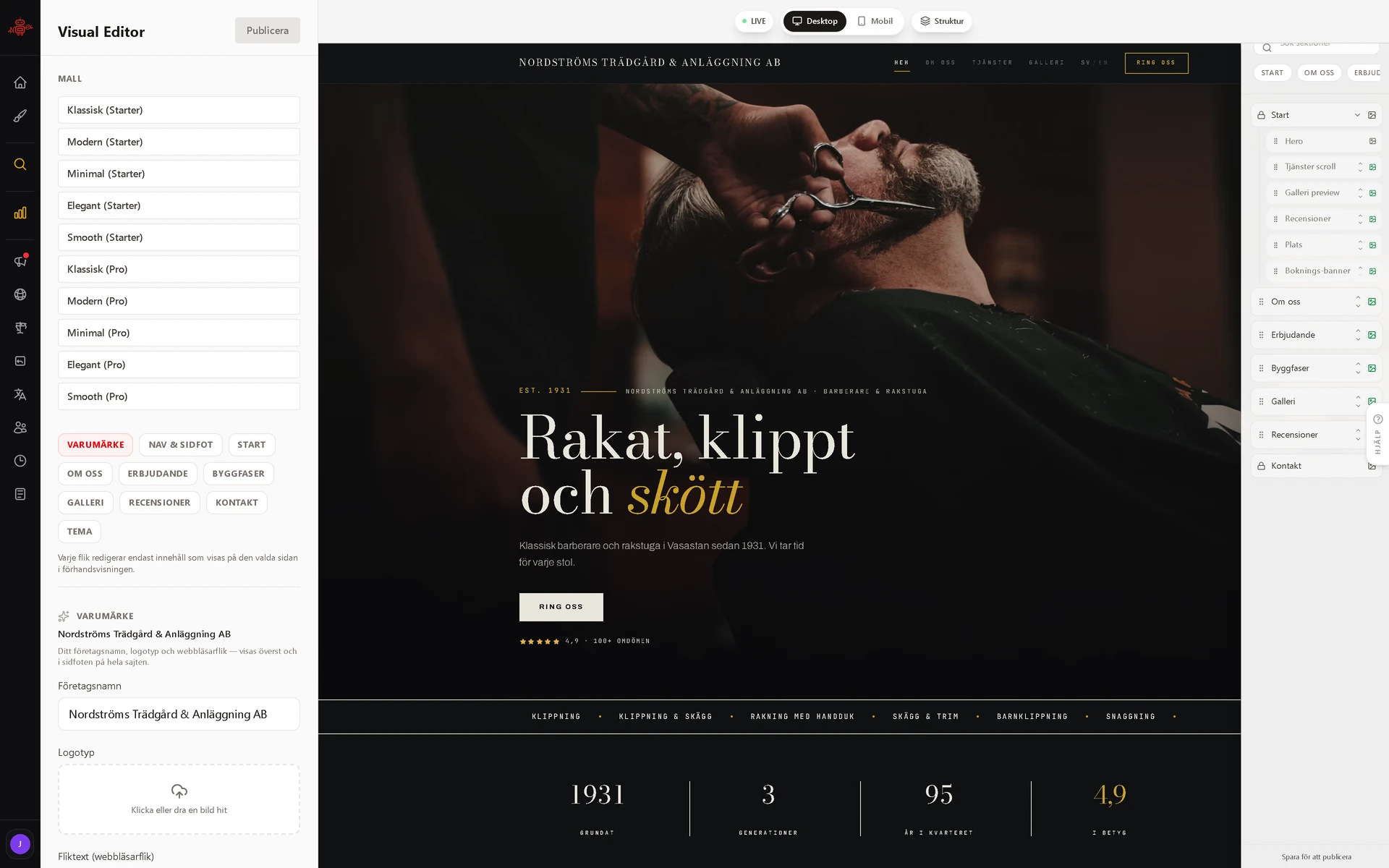 Den visuella editorn på en bärbar dator, med sajtens förhandsvisning bredvid fälten