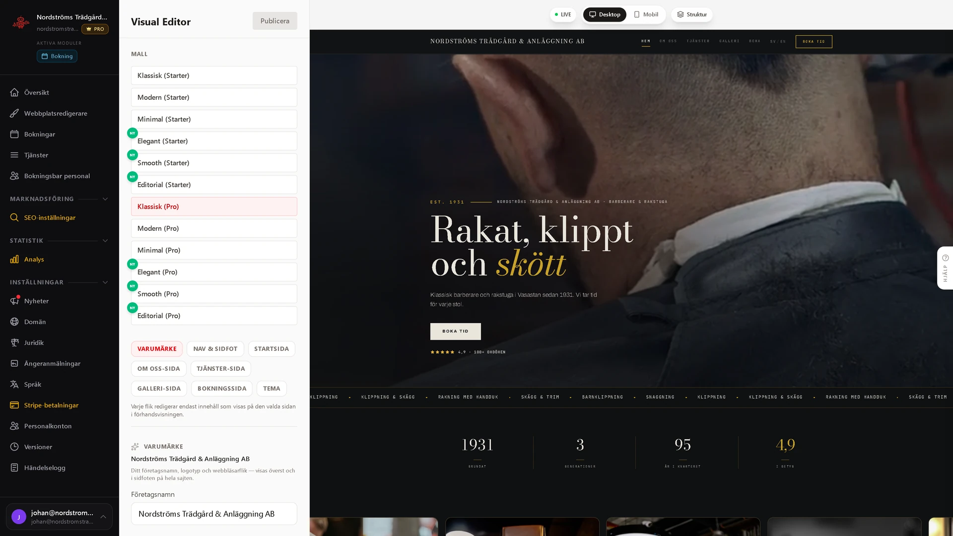 Den visuella editorn: mallval och fält till vänster, live förhandsvisning i mitten och sajtens sektioner till höger