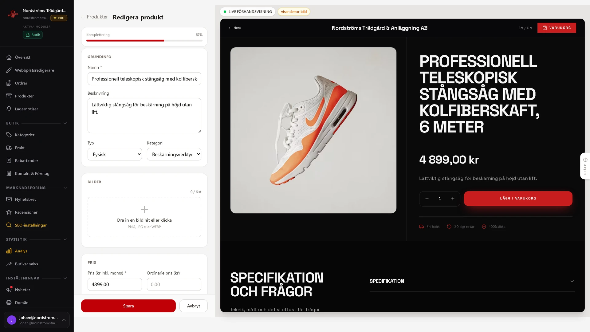 Produktformuläret i adminpanelen, med en live förhandsvisning av produktsidan bredvid