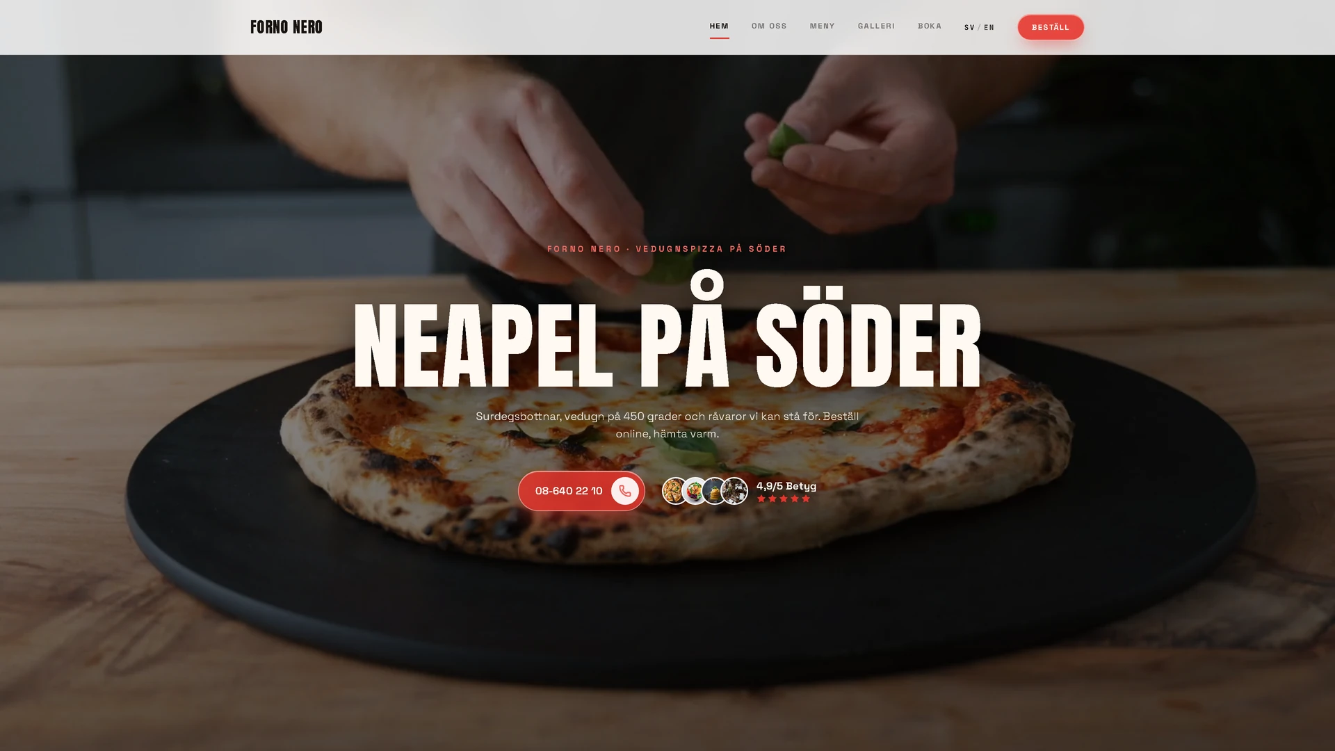 Pizzerian Forno Neros sajt, byggd på Bokning Editorial
