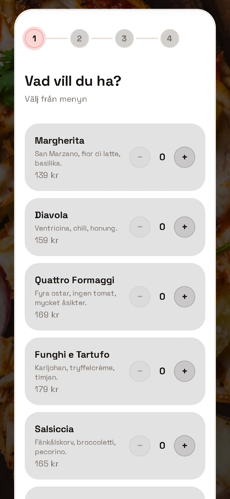 Forno Nero's booking flow: step one, choose from the menu