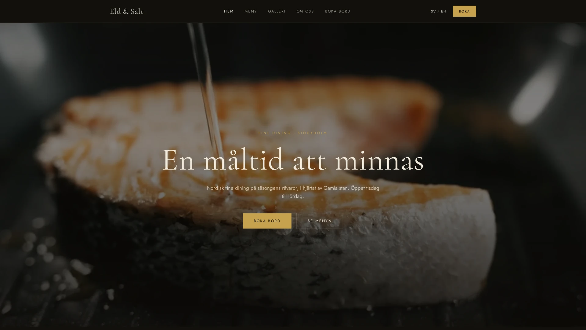 Landningssidan för restaurangen Eld och Salt, med rubriken En måltid att minnas
