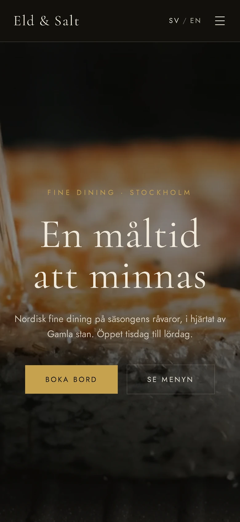 Eld & Salts landningssida i en telefon, med knappen Boka bord