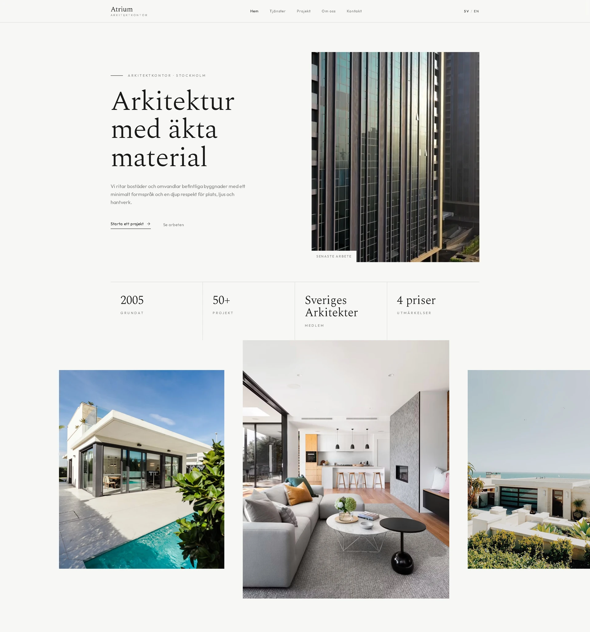 Arkitektkontoret Atriums landningssida: rubrik, meriter och bilder på genomförda projekt