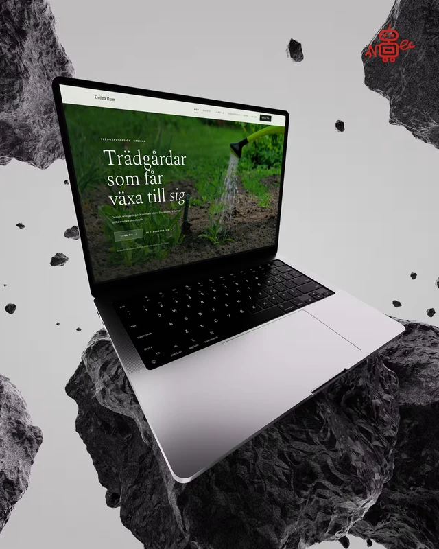 Instagraminlägg: en bokningssajt på en bärbar dator mellan svävande stenblock