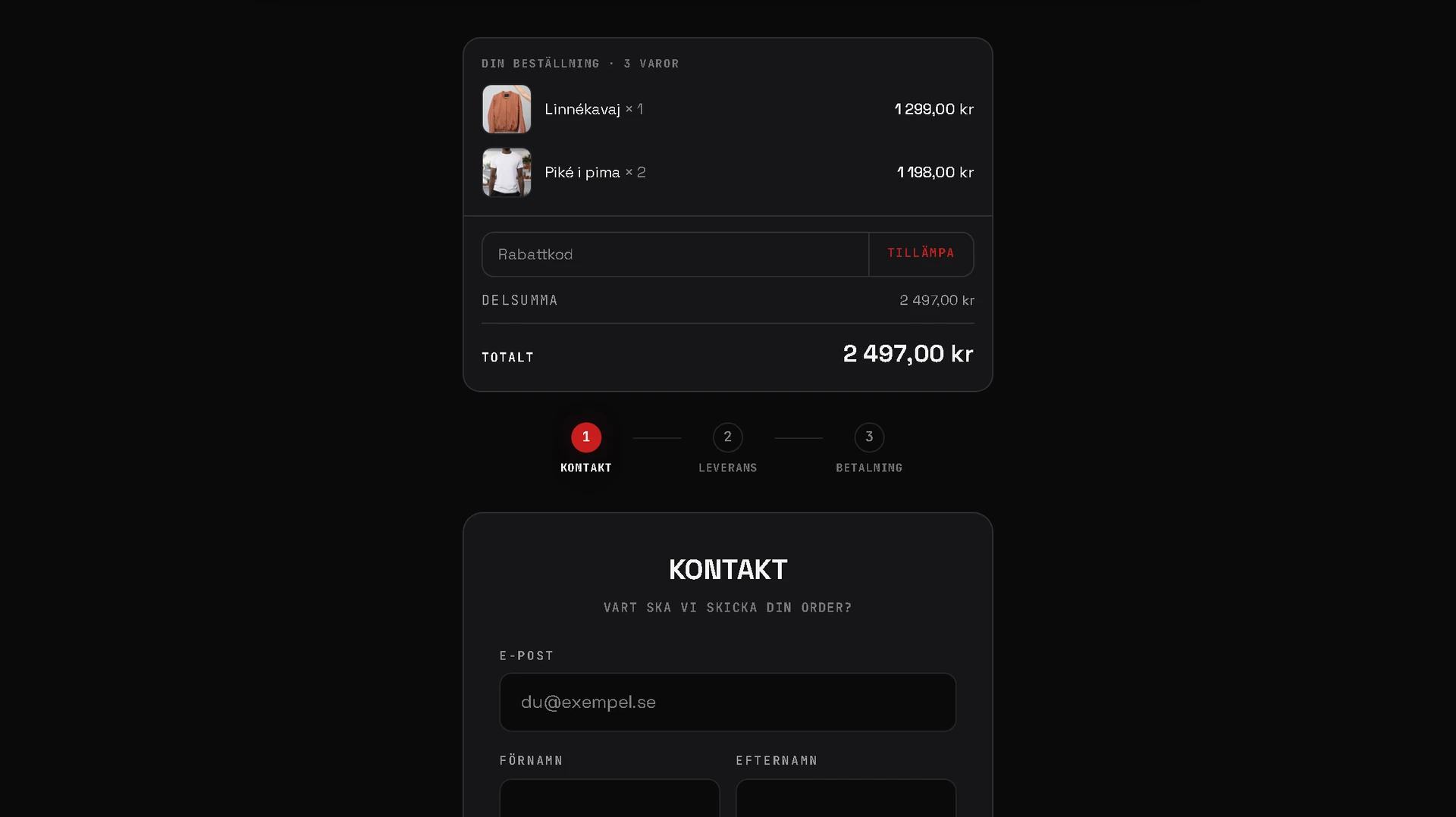 The checkout, with an order summary and contact details