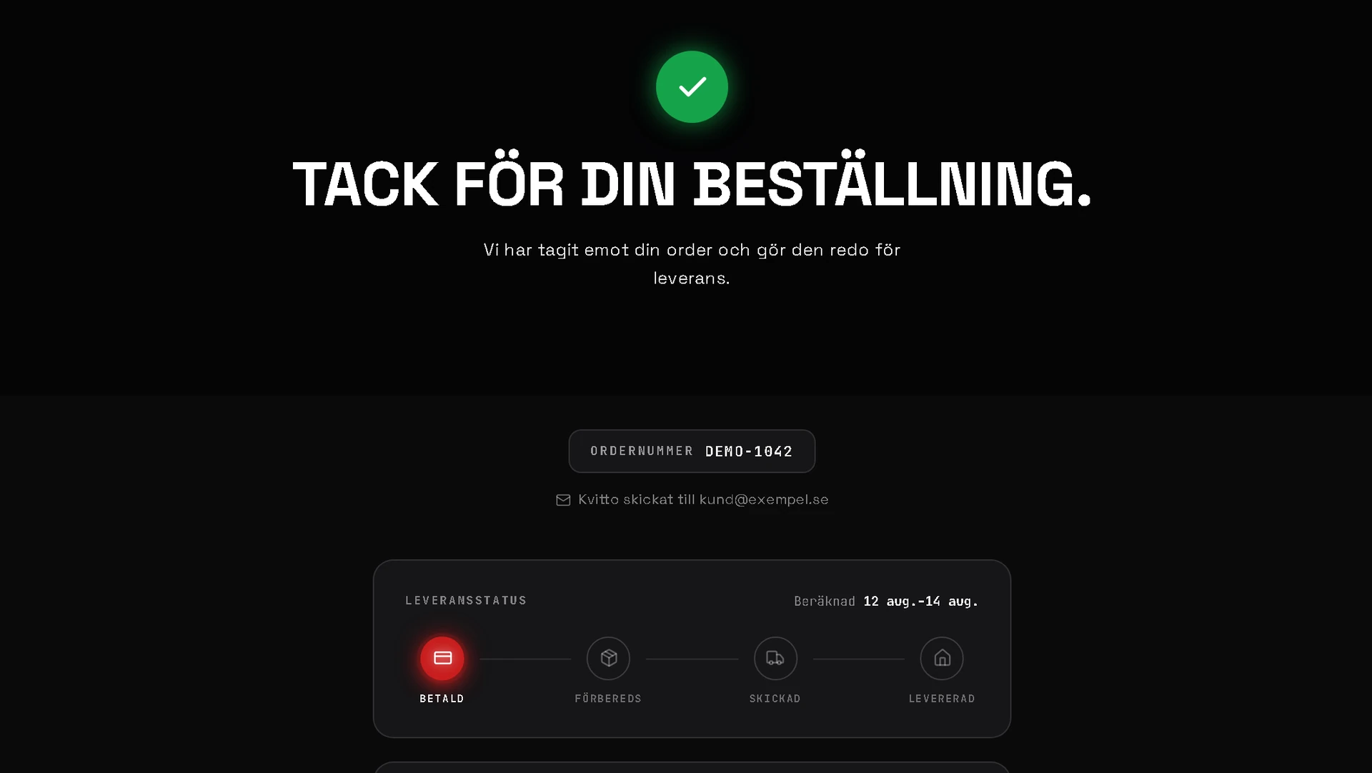 The order confirmation, with an order number and delivery tracking