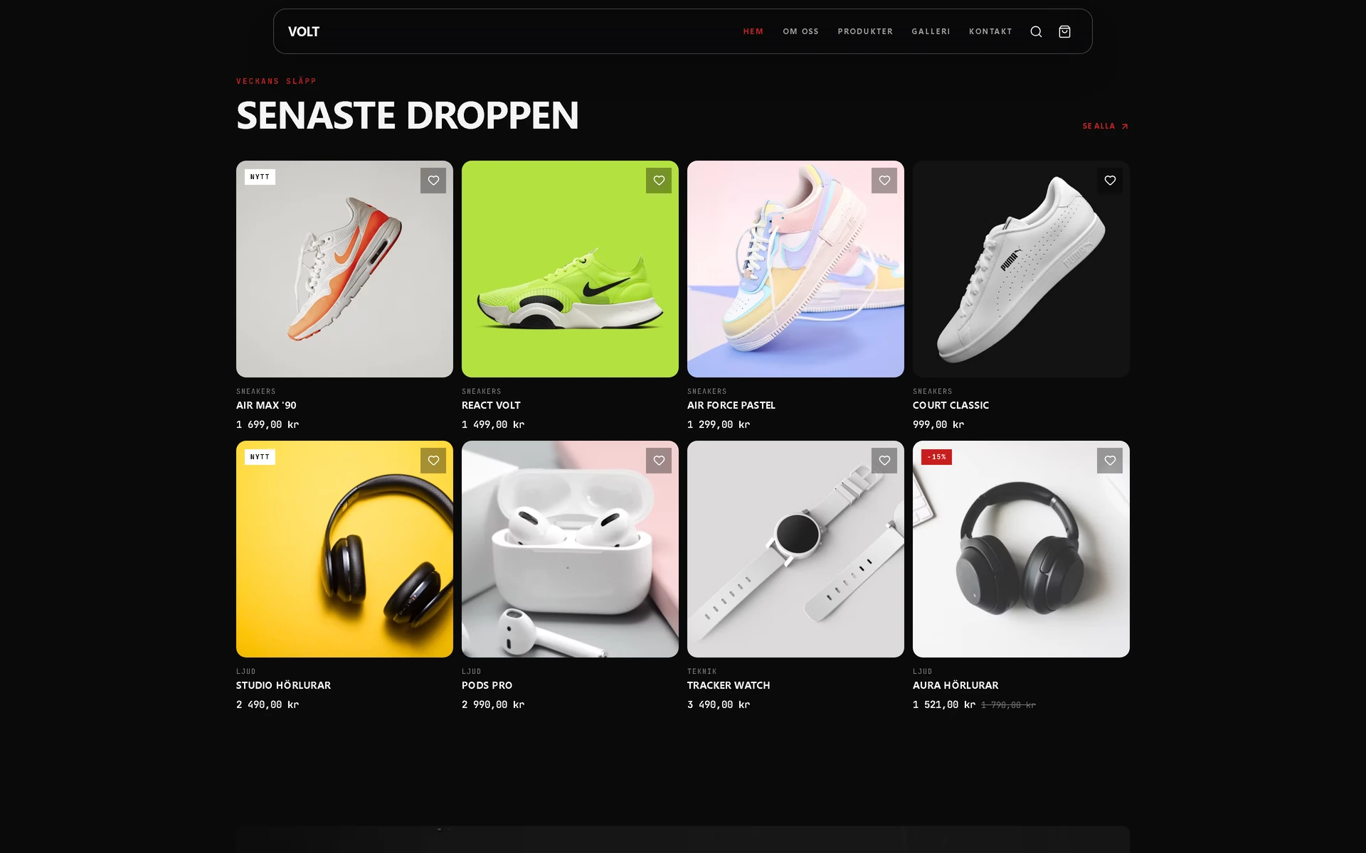 The product grid on Volt's home page, with prices and categories